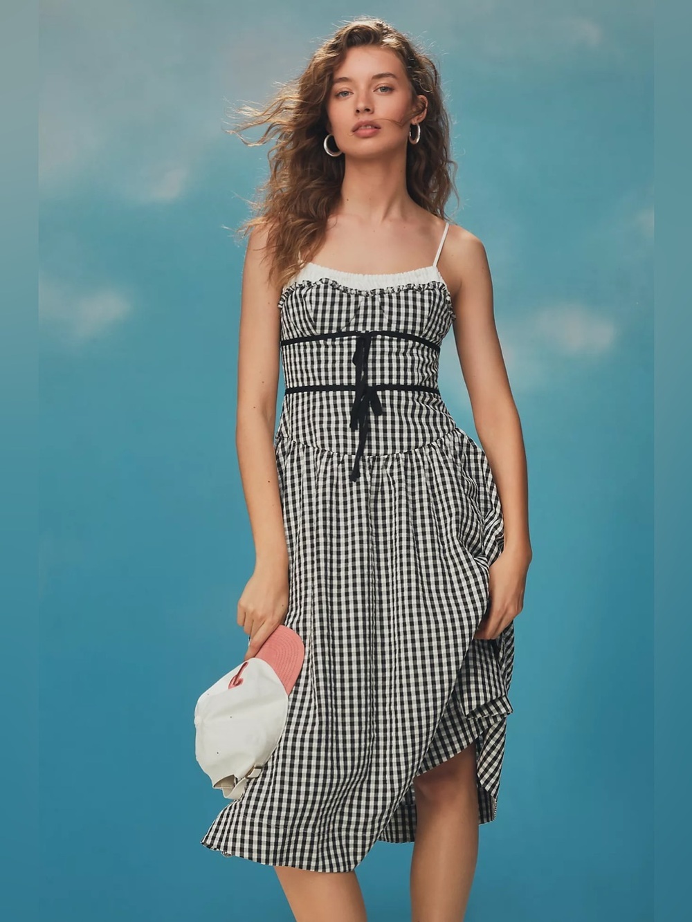 For Love & Lemons Black and White Gingham Midi Dress with Cream Lace Trim